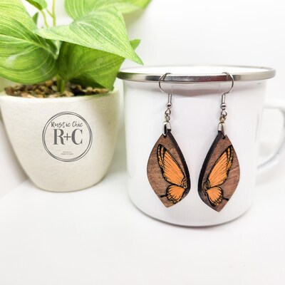 Butterfly Teardrop Dangle Earrings, Hypoallergenic, Stainless Steel, Wood, Light-weight - image3